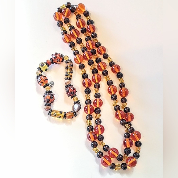 36" AMBER GLASS BEAD NECKLACE with COOKIE LEE ART GLASS BRACELET - Picture 1 of 7